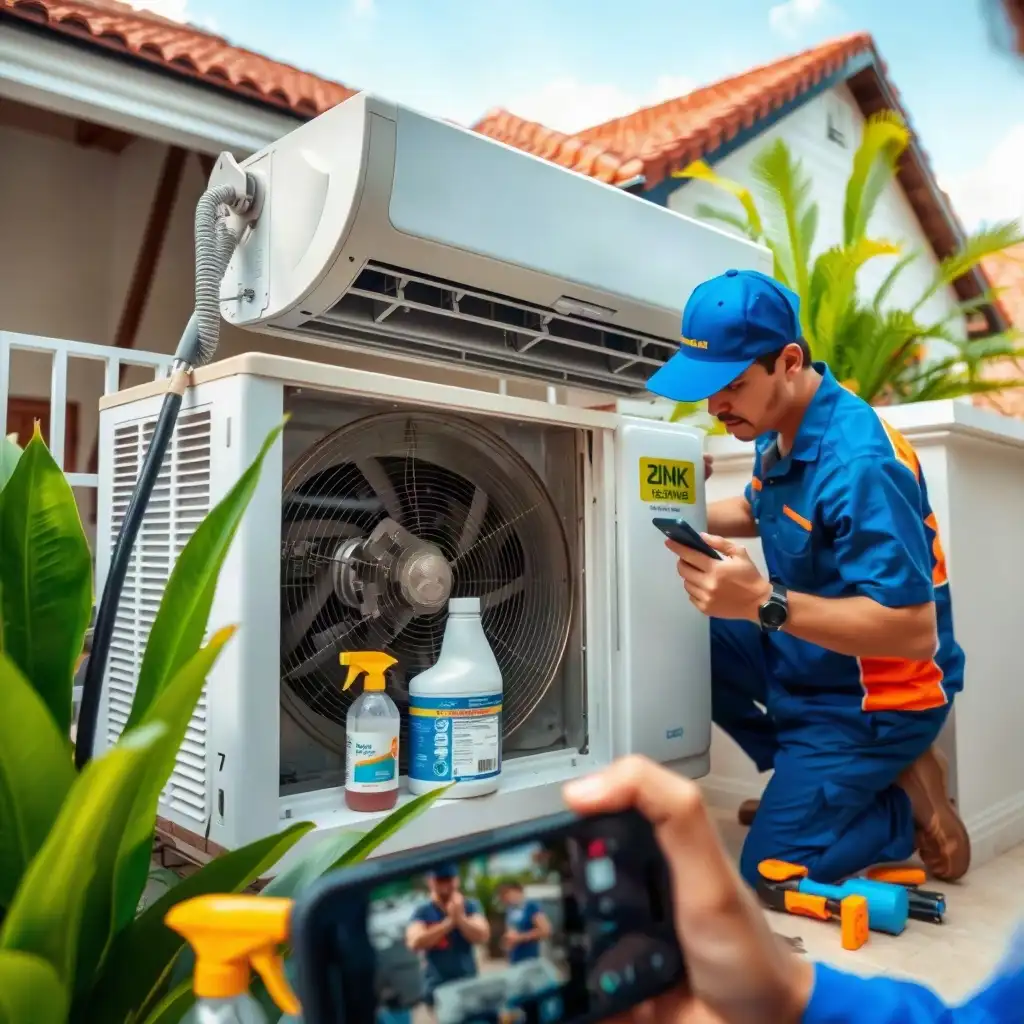 A technician in a blue uniform servicing a residential air conditioning unit surrounded by tropical plants and a suburban house.