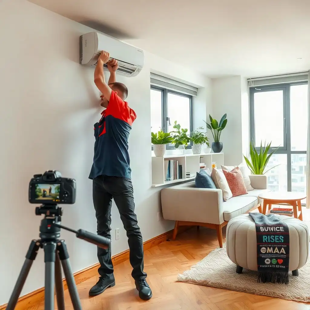 A technician in uniform installing a wall-mounted air conditioning unit in a modern living room with stylish furniture and plants.