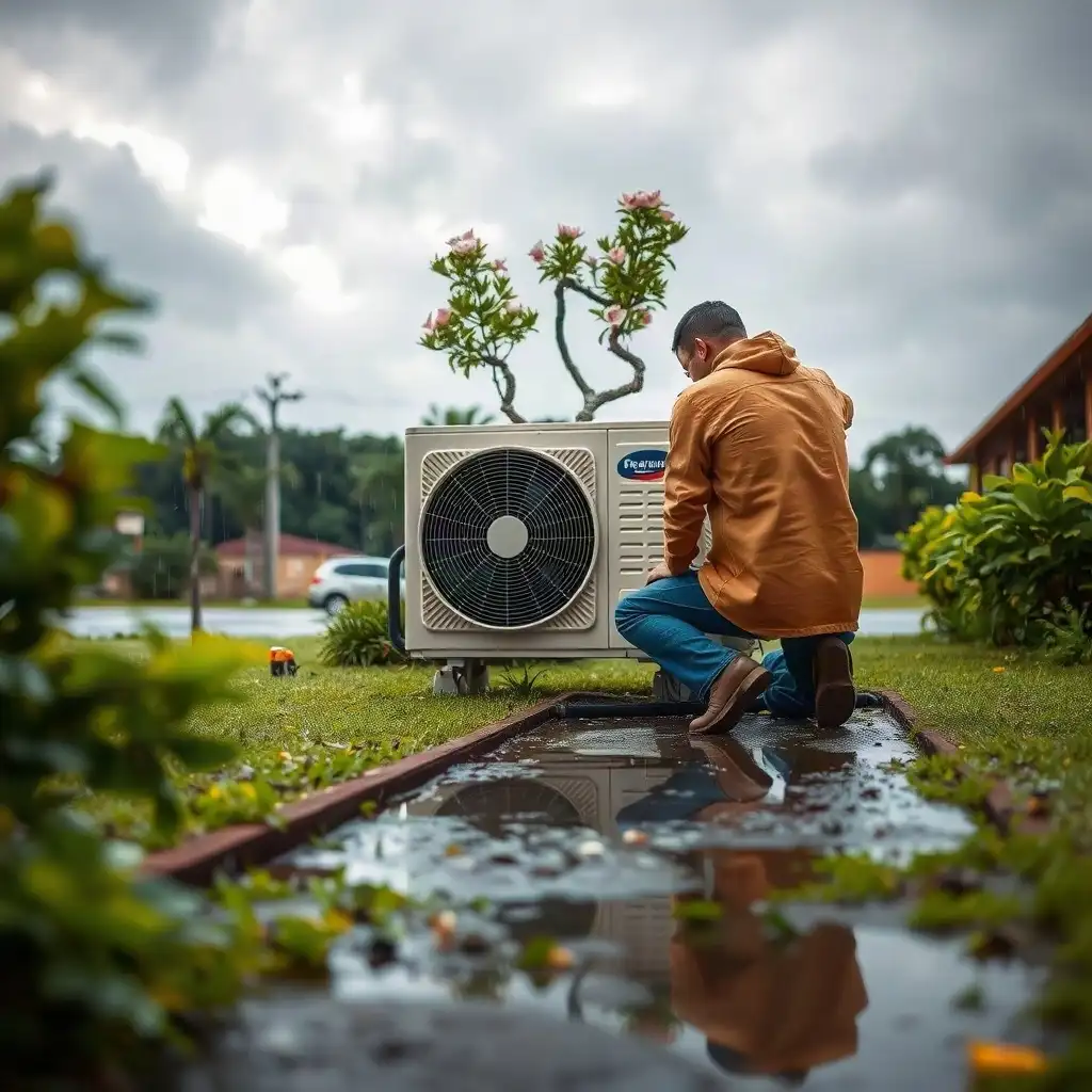 Technician inspecting an outdoor air conditioning unit on a cloudy day, with raindrops falling and lush greenery surrounding the scene.