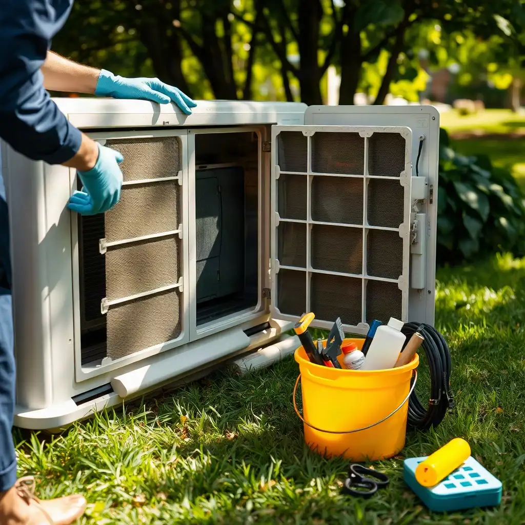 Technician servicing an air conditioning unit outdoors, with tools and cleaning supplies nearby, surrounded by greenery.