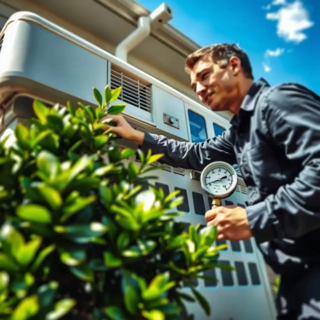 Technician inspecting an air conditioning unit outdoors, with green plants and blue sky in the background.